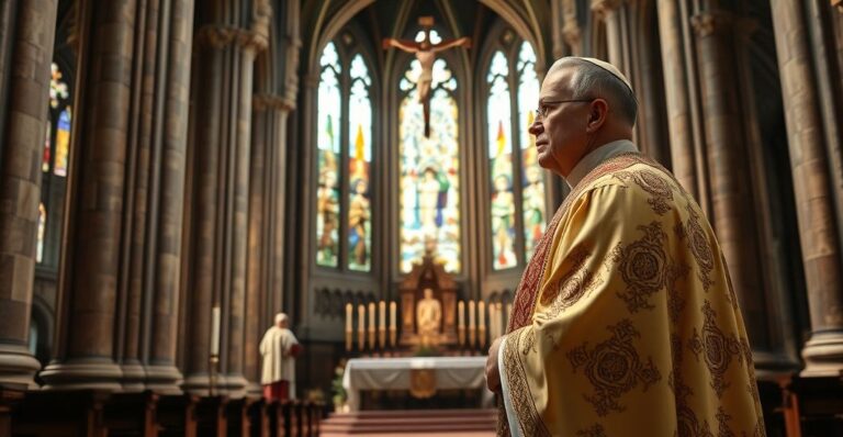 Kapłan katolicki w tradycyjnym stroju przed ołtarzem w kościele, symbolizujący wierność tradycyjnym naukom i krytykę posoborowych zmian