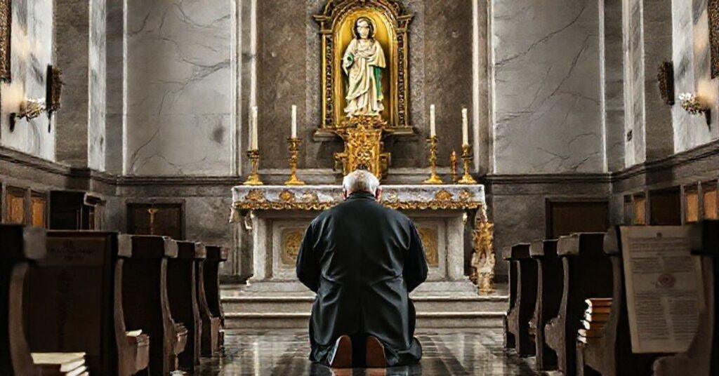 Stary kapłan modlący się w tradycyjnym kościele przed ołtarzem z rzeźbą Matki Bożej z Różą