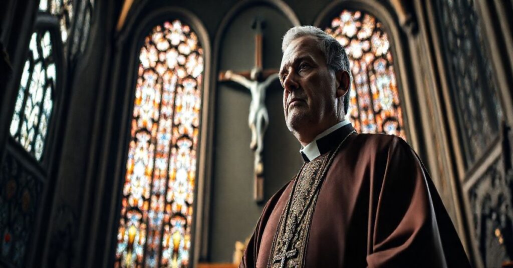 Kapłan katolicki w liturgicznym stroju, w modlitewnym nastroju, w otoczeniu tradycyjnego wnętrza kościoła, symbolizujący obronę katolickiej ortodoksji przeciw nowoczesnym herezjom ekologicznym