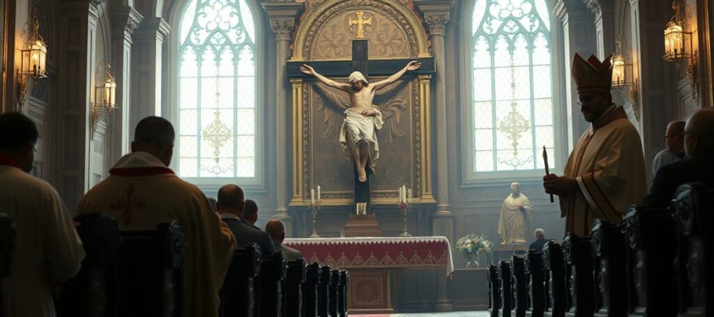 Obraz przedstawiający tradycyjną katolicką liturgię z kapłanem w ornatach modlącego się przed krzyżem w ozdobnym kościele. Na tle widoczny jest blady sylwet kapłana schizmatyckiego symbolizujący oszustwo ekumenizmu. Atmosphera jest poważna i rozmyślna.