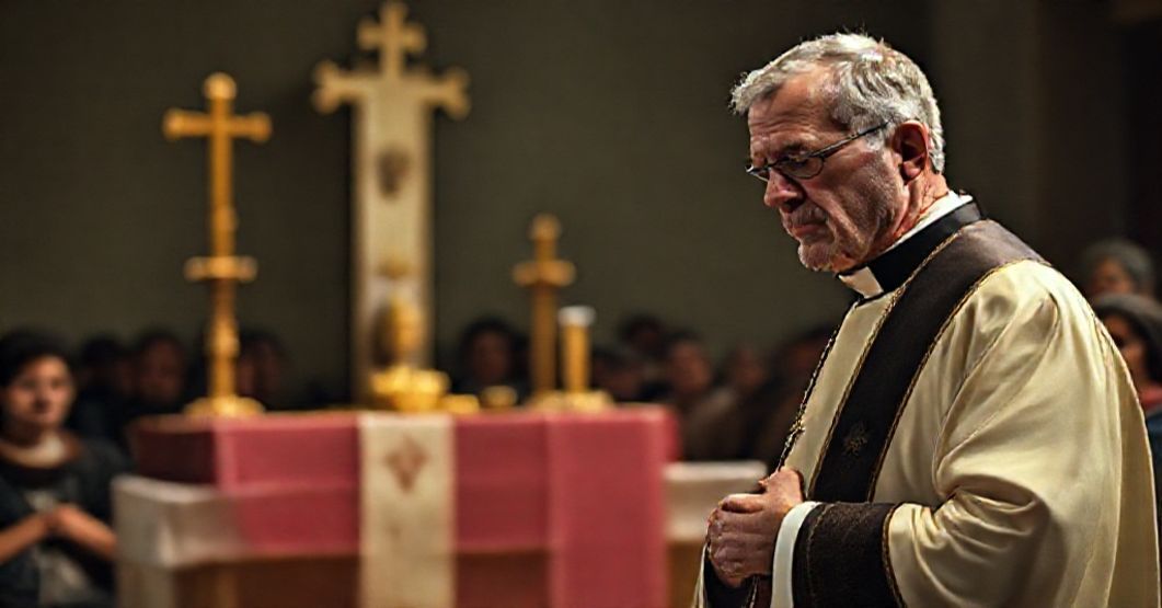 Kapłan katolicki stoi z powagą przed ołtarzem z grupą wykluczonych społecznie na tle. Scena podkreśla niegodziwość udzielania Komunii bez odpowiedniego przygotowania doktrynalnego.