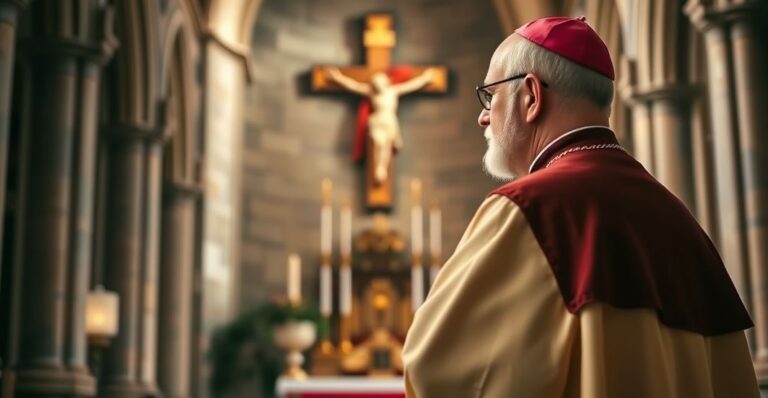 Szkocki kapłan katolicki w tradycyjnym stroju w kościele, głęboka kontemplacja przy ołtarzu, scena wyrazista i pełna szacunku