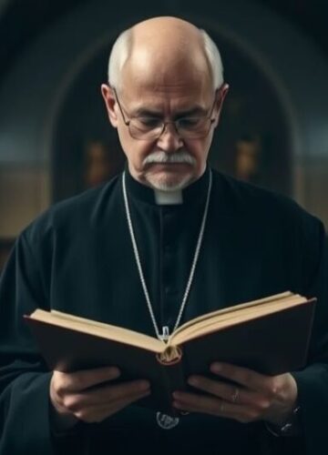 Kapłan katolicki w modlitwie w tradycyjnym kościele Kapłan w czarnej sutannie w modlitwie w tradycyjnym kościele, oddający hołd wierze katolickiej, w atmosferze powagi i duchowości