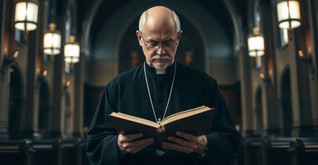 Kapłan w czarnej sutannie w modlitwie w tradycyjnym kościele, oddający hołd wierze katolickiej, w atmosferze powagi i duchowości