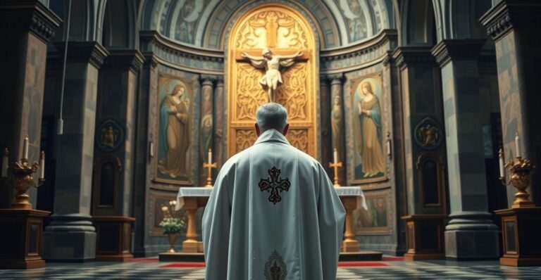 Kapłan w tradycyjnych szatach katolickich przy ołtarzu, głęboko zatopiony w modlitwie, symbolizujący wierność Chrystusowi Królowi i tradycyjną naukę Kościoła, na tle sakralnych dekoracji i krzyża.