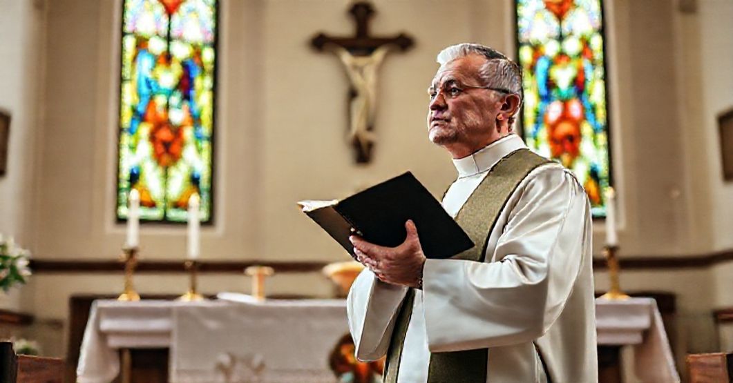 Kapłan w tradycyjnym ornacie przed ołtarzem kościelnym z Biblią i krzyżem. Symbolizuje chrześcijański fundament prawdziwego przywodztwa politycznego.