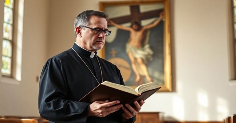 Sobór katolicki w tradycyjnym strój kapłański patrzy z troską na abstrakcyjną malarstwo modernistyczne przedstawiające Chrystusa na Krzyżu