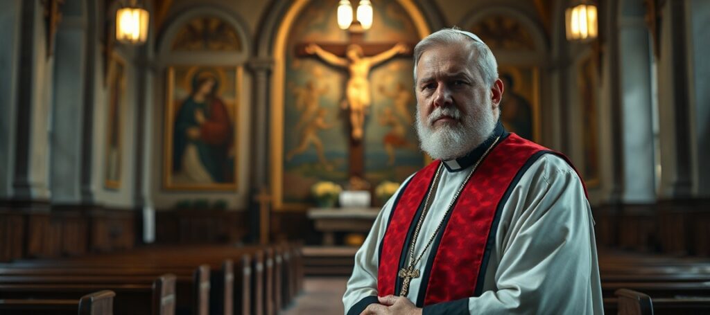 Portret tradycyjnego księdza w kościele symbolizujący utratę prawdziwego kapłaństwa w erze posoborowej