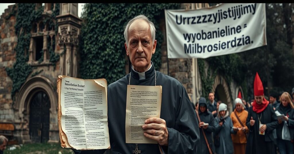 Tradycyjny kapłan katolicki w starej sutannie trzyma kopię dekretu Świętego Oficjum z 1958 r. przed ruinami kościoła w płochym świetle. W tle wolontariusze 'Caritas' rozprowadzają żywność pod transparentem rewolucyjnej modernistycznej ideologii.