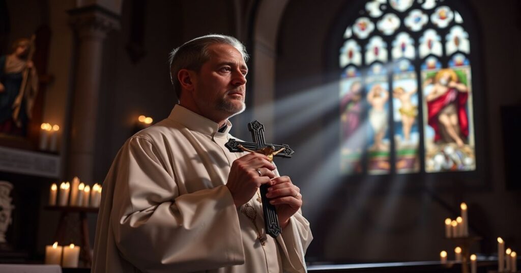 Książę kapłański w tradycyjnej sutannie stojący w ciemnym kościele, trzymający krzyż z głębokim szacunkiem, otoczony świętymi świecami i przedmiotami religijnymi. Przyroda otaczająca uwydatnia mistyczną atmosferę.
