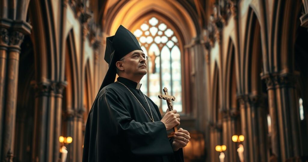 Sobowtór katolicki w sutannie trzymający krucyfiks w gotyckim kościele, symbolizujący powagę i wierność tradycji katolickiej