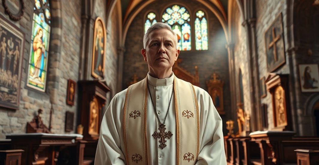 Sobowtór katolicki w sutannie trzymający krucyfiks w gotyckim kościele, symbolizujący powagę i wierność tradycji katolickiej