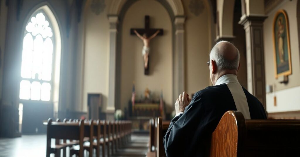 Prawdziwy kapłan w tradycyjnym habitach modli się przed krzyżem w opuszczonym kościele.