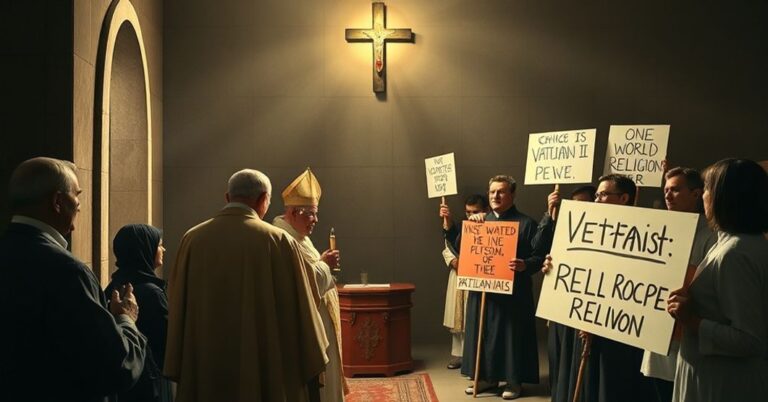 Sedevacantist kapłan celebrujący Tradycyjną Mszę Świętą w kaplicy podczas protestu modernistów na zewnątrz