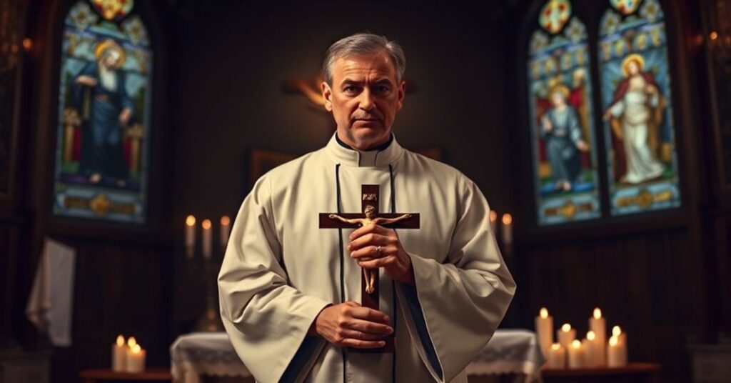 Tradycyjny wnętrze katolickie z kapłanem w sutannie przed ołtarzem przy światełkach votywnych, symbolizujące powagę śmierci jako konsekwencję grzechu pierworodnego.