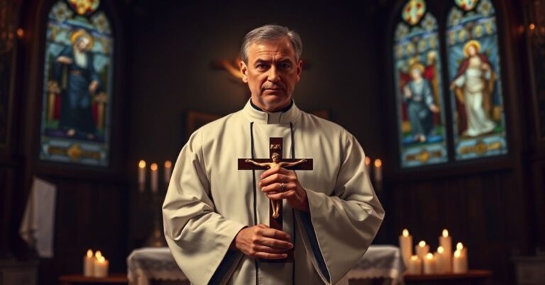 Tradycyjny wnętrze katolickie z kapłanem w sutannie przed ołtarzem przy światełkach votywnych, symbolizujące powagę śmierci jako konsekwencję grzechu pierworodnego.