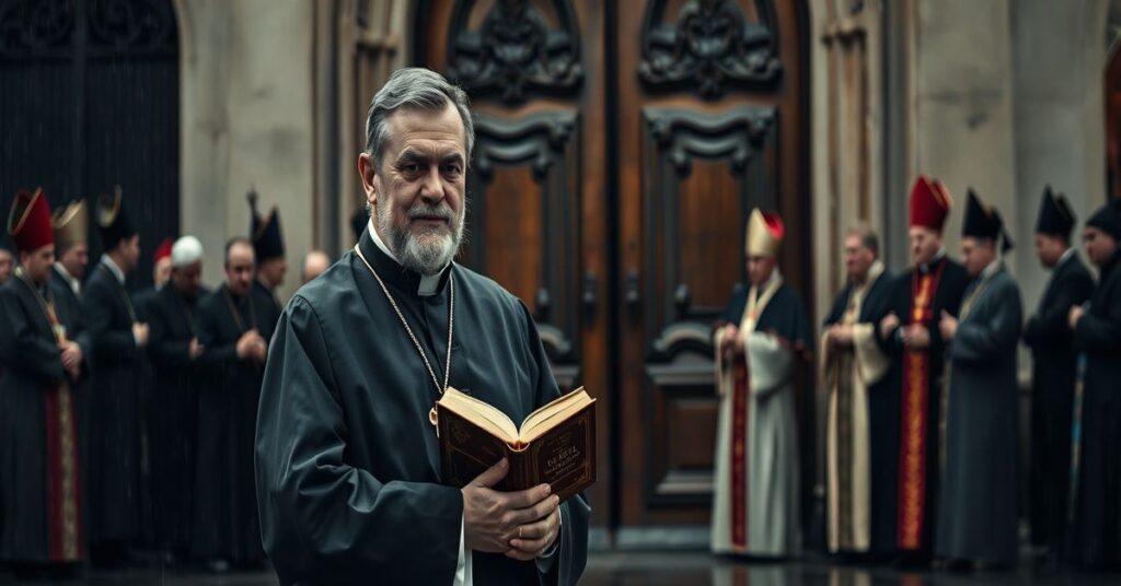 Tradycyjny kapłan w szatach liturgicznych stojący przed zamkniętymi drzwiami kościoła w Warszawie