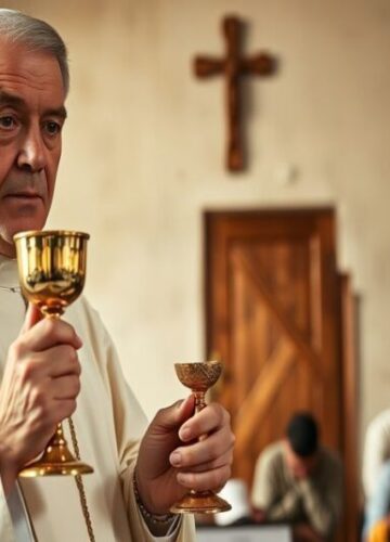 Kapłan tradycyjny z Najświętszym Sakramentem - prawdziwa pomoc dla ubogich Sobór katolicki z tradycyjnym kapłanem trzymającym Najświętszy Sakrament przed ubogimi modlącymi się na kolanach