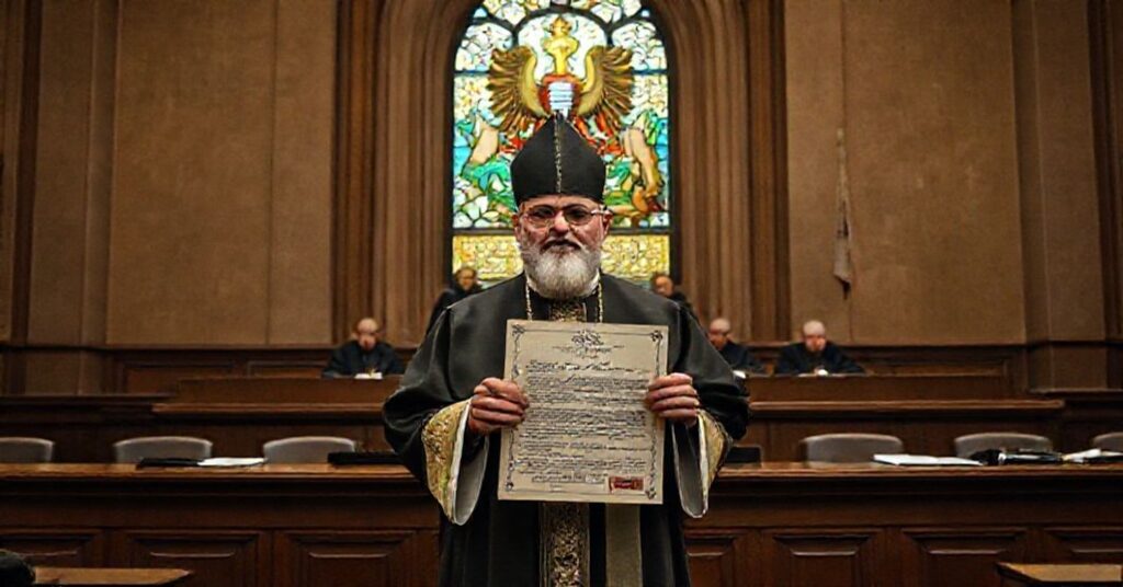 Sala sądowa z tradycyjnym kapłanem katolickim stojącym przed Trybunałem Konstytucyjnym w Warszawie, trzymającym historyczny tytuł własności.