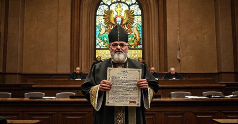Sala sądowa z tradycyjnym kapłanem katolickim stojącym przed Trybunałem Konstytucyjnym w Warszawie, trzymającym historyczny tytuł własności.