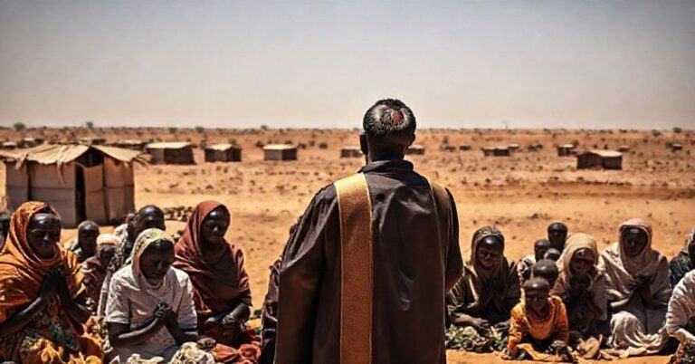 Kapłan w tradycyjnym stroju kościłowym stoi przed grupą uchodźców w Sudanie Południowym, trzymując krzyż. W tłle widoczne są prowizoryczne chaty i martwe poluwzitki.