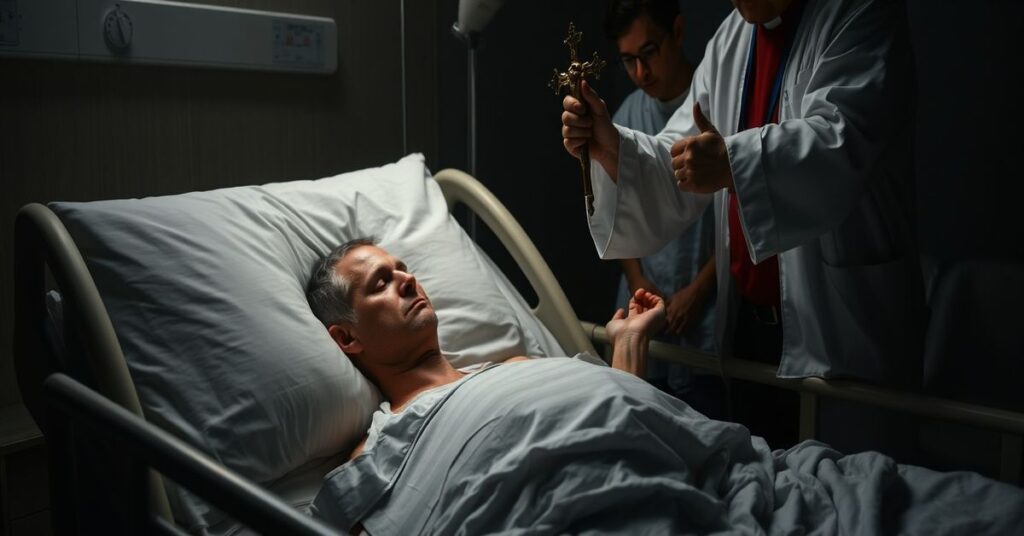 Zdjęcie przedstawiające pacjenta umierającego w szpitalu z kapłanem udzielającym sakramentu ostatniego namaszczenia.