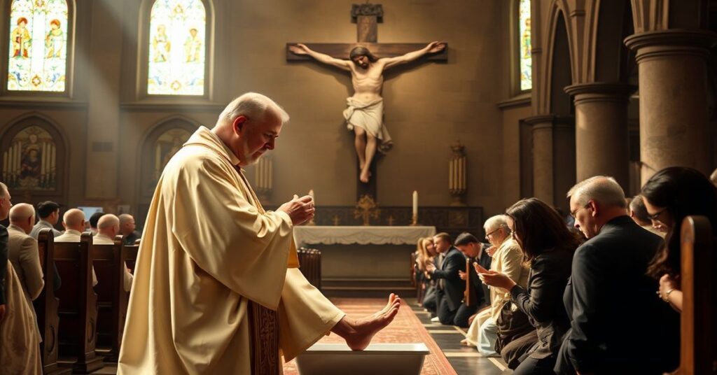 Tradycyjny katolicki wnętrze kościoła z kapłanem w średniowiecznych ornatach wykonującym obrządek umycia nóg podczas Wielkiego Czwartego. Na tle duży krzyż z cierpiącym Chrystusem podkreślający ofiarną naturę Jego służby.