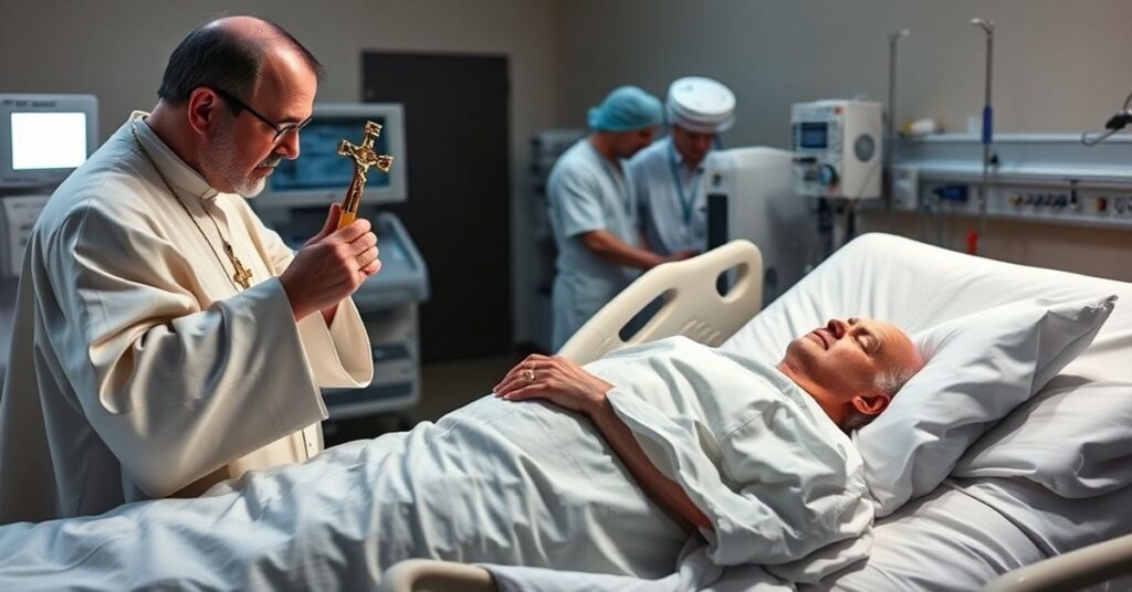 Kapłan udzielający ostatecznego namaszczenia pacjentowi w skrajnej hipotermii w szpitalu