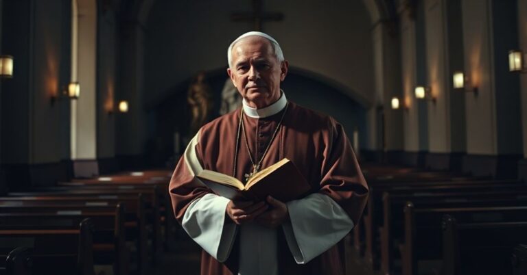 Katolicki kapłan w tradycyjnych szatach liturgicznych stoi w ciemnym kościele z poważnym wyrazem twarzy, trzymając zamkniętą Biblię. W tle widoczna jest nowoczesna rzeźba symbolizująca neo-modernizm. Scena symbolizuje duchową apostazję i zagładę Kościoła.