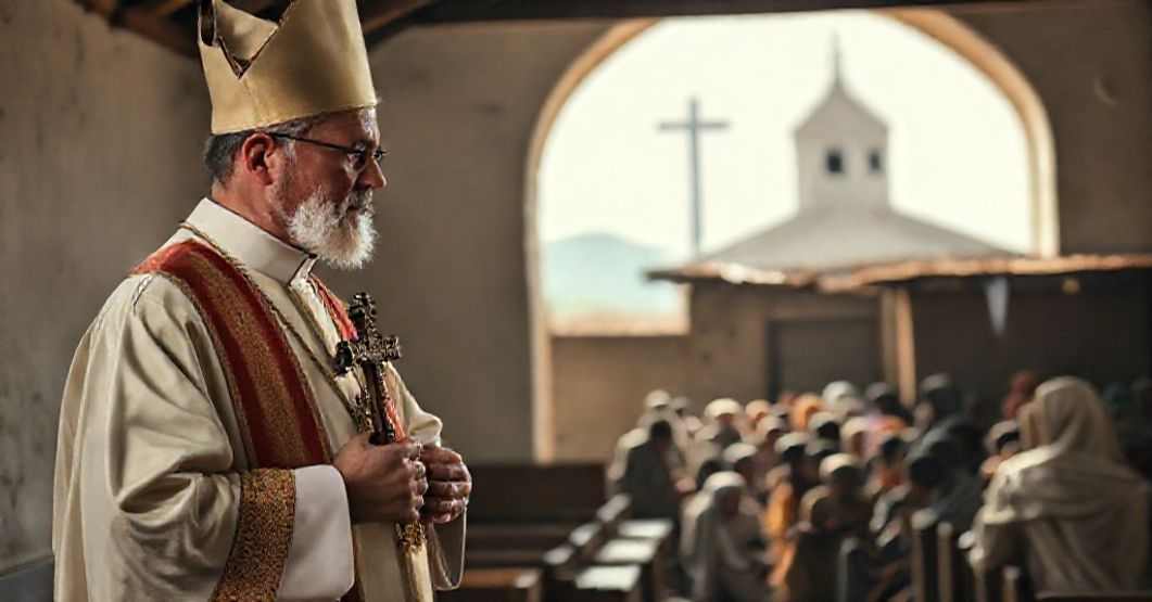 Kapłan tradycyjny w liturgicznych szatach trzyma krzyż w biednej wsi, z tłumem cierpiących w tle. Kontrastuje z nowoczesnymi budynkami symbolizującymi fałsz "współczesnego" kościoła