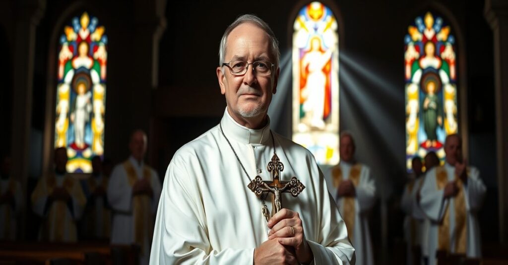 Tradycyjny książ katolicki w ornaty w ciemnej cerkwi podczas fałszywię posoborowej liturgii