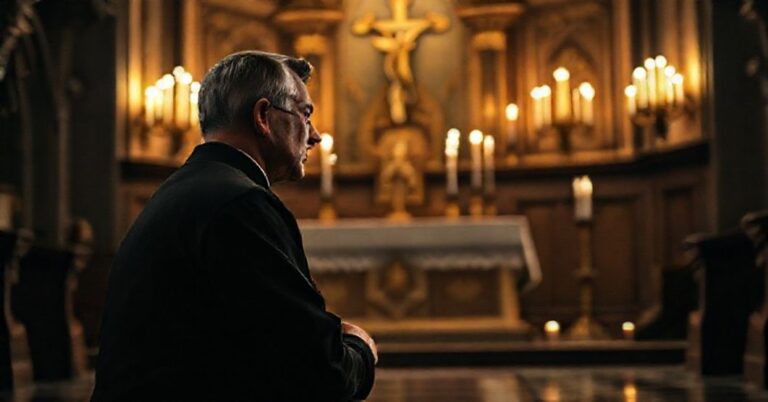 Tradycyjny katolicki ksiądz w ciemnej sutannie modli się w ciemnym kościele przed tabernakulum przy świetle świec. Scena symbolizuje duchowy kryzys kapłański i potrzebę powrotu do tradycji.