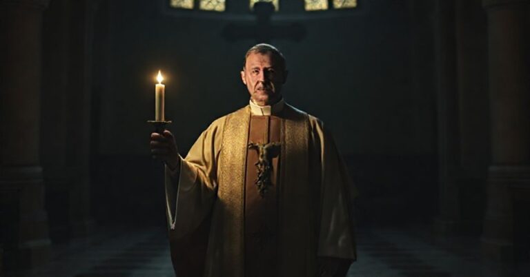 Sobór katolicki z kapłanem w stroju liturgicznym trzymającym świekę przy zerwanym krzyżu