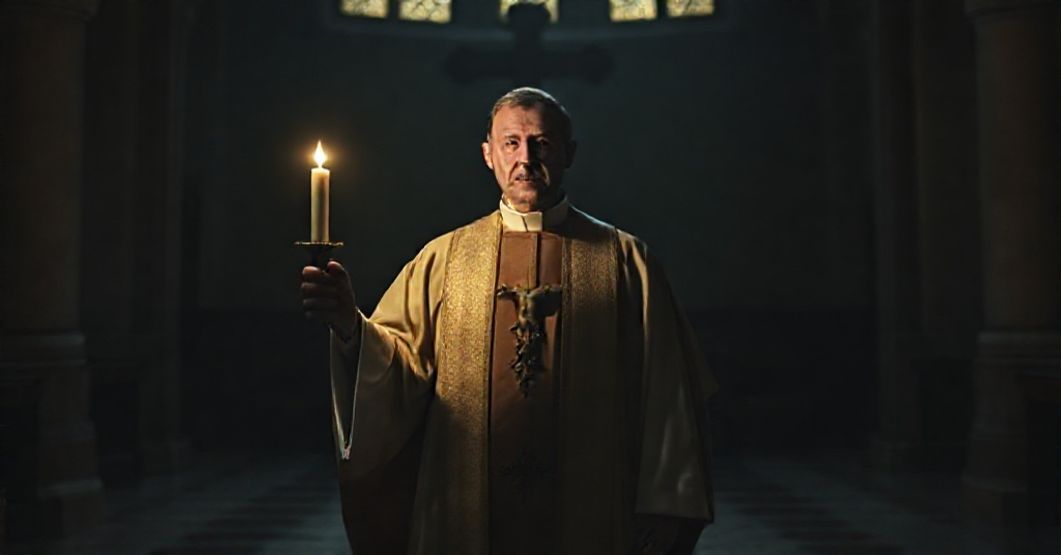 Sobór katolicki z kapłanem w stroju liturgicznym trzymającym świekę przy zerwanym krzyżu