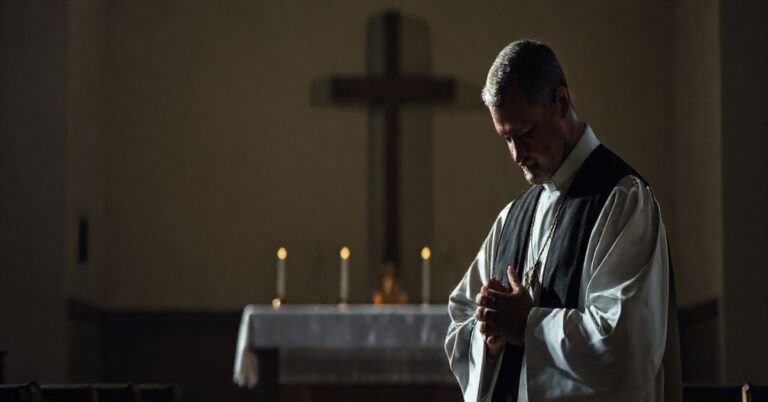 Kapłan w tradycyjnych szatach modli się w ciemnym kościele z krzyżem na tle.
