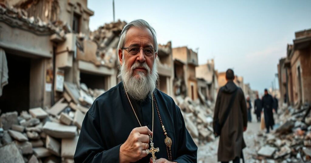 Obraz przedstawia kapłana katolickiego w zniszczonych ruinach Gazy, trzymającego różaniec, z zaangażowanymi mieszkańców w tle. Scena podkreśla kryzys humanitarny i brak życia sakramentalnego.