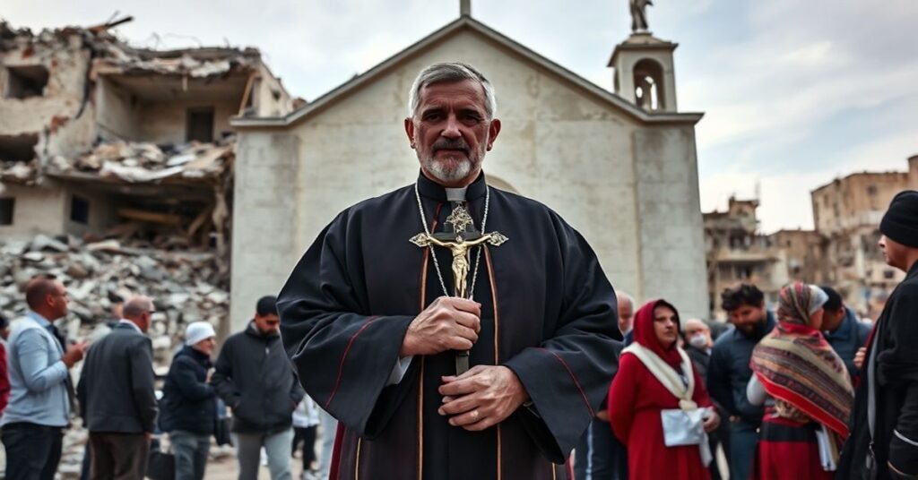 Katolicki kapłan w tradycyjnych ornatach stoi przed zniszczonym kościołem w Gazie, trzymający krzyż. Wokół zgromadzeni są ciężko przeżywający parafianie.