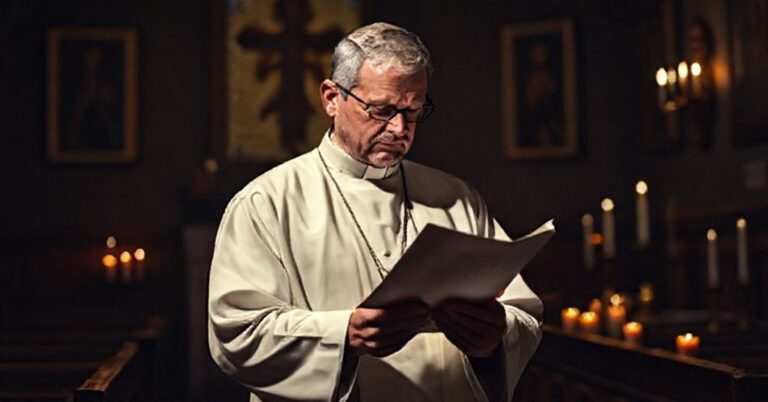Tradycyjny kapłan w kaplicy przy czytaniu listu z pogłębionym wyrazem twarzy, symbolizujący konflikt między emocjami a doktryną czystości kapłańskiej