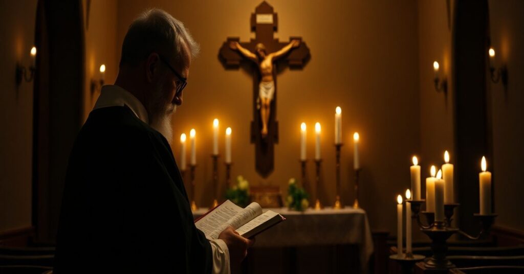 Tradycyjny kapłan katolicki w ciemnej kaplicy czytający brewiarz przy ołtarzu z krzyżem i świecami.