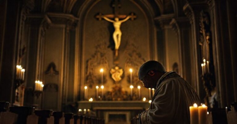 Kapelan katolicki modli się w uroczystej kaplicy przed krzyżem, symbolizując zadumę i moralne obowiązki władzy