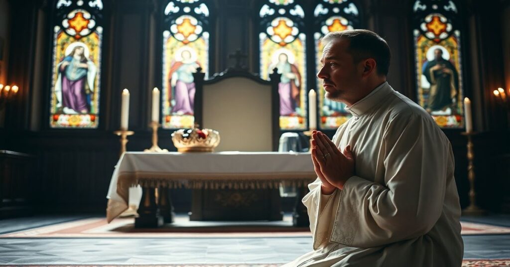 Tradycyjny kapłan modlący się przed ołtarzem z monstrancją w kaplicy, symbolizujący prawdziwą świętość w Kościele Katolickim.