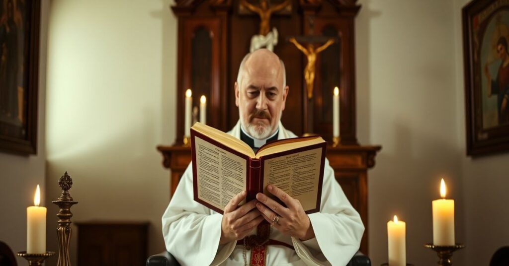 Tradycyjny katolicki kapłan w modlitewnym kaplicy z otwartą Biblią i krzyżem