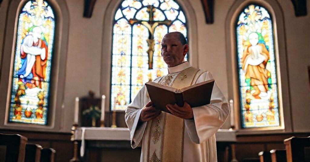 Kapłan katolicki w tradycyjnym habitcie stoi przed ołtarzem z krzyżem i świecami w kaplicy pełnej światła