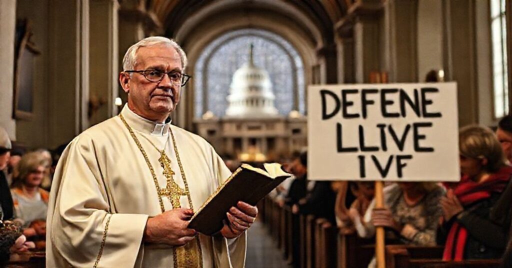 Katolicki kapłan w kaplicy modlących się rodzin z banerem "Obroń życie przed IVF".