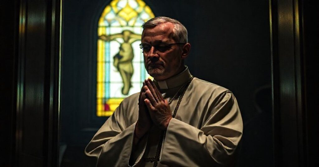 Kapłan w tradycyjnym habitacie modli się w konfesjonału z widokiem Chrystusa na tle. Symbolizuje tajemnicę spowiedzi i sakralność sakramentu.