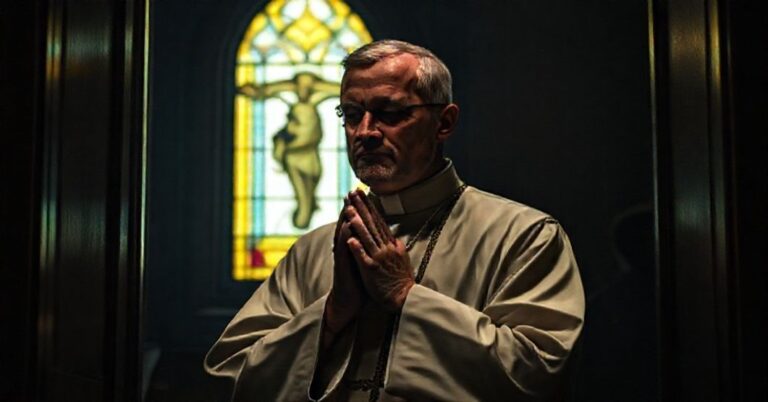 Kapłan w tradycyjnym habitacie modli się w konfesjonału z widokiem Chrystusa na tle. Symbolizuje tajemnicę spowiedzi i sakralność sakramentu.