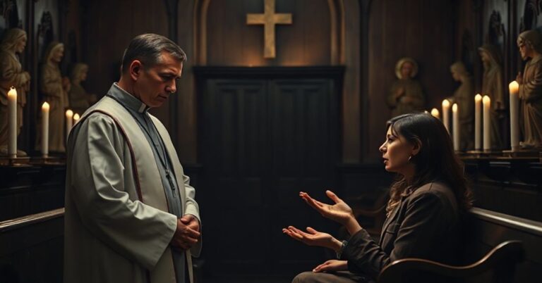 Stary kościół katolicki z kapłanem w konfesjonału i kobietą obok, symbolizujący konflikt między ludzkimi emocjami a sakralnymi obowiązkami.