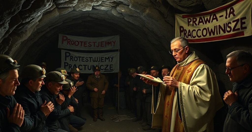 Tradycyjny kapłan w podziemnej kopalni among protestujących górników, trzymający Najświętszy Sakrament