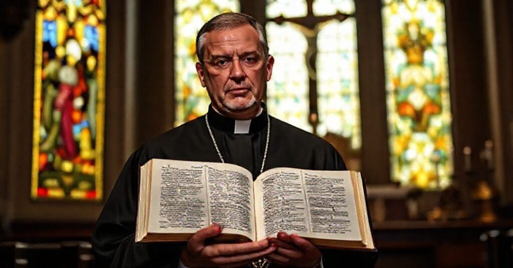 Kapłan w tradycyjnym habitacie stoi w ciemnym koście z witrażami w tle, trzymając Biblię i wskazujący na fragment o końcu czasów. Scena podkreśla grozę duchowego relatywizmu i potrzebę pokuty.