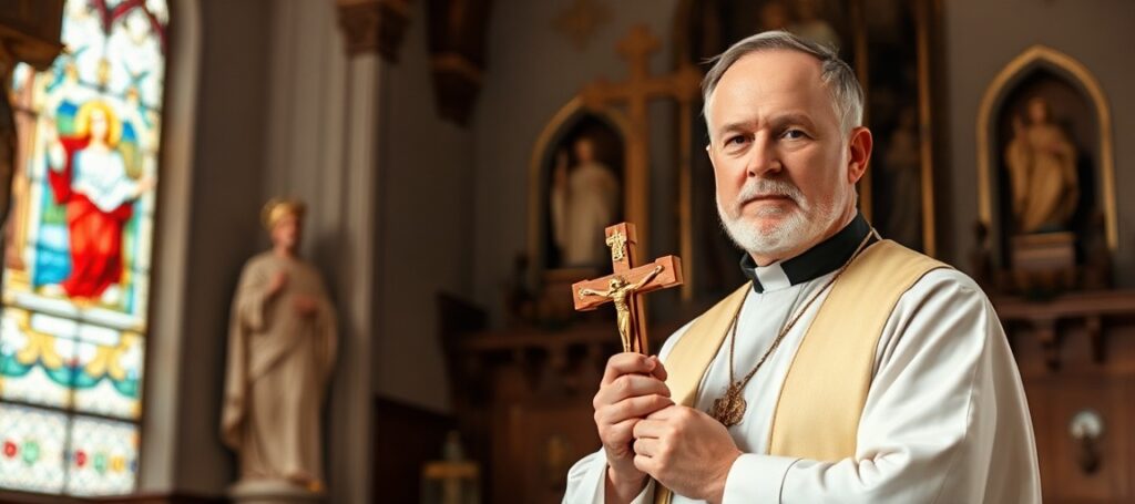 Tradycyjny kapłan w liturgicznych szatach trzyma krzyż w kościele z ikonografią katolicką